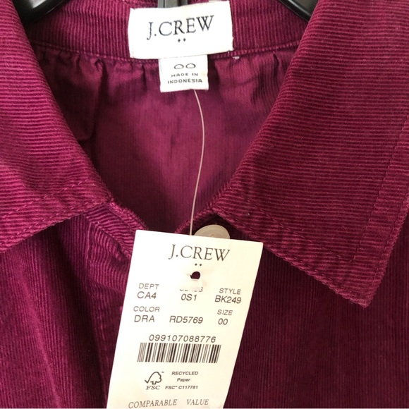 ♥️J.Crew Factory Corduroy Collared Mini Shirtdress - 00 - Deep Raspberry - Picture 7 of 14